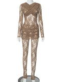 Flytonn Sexy Lace See Through Splice Jumpsuit Set Basics Solid Color Skinny Mini Skirt 2 Pices Set Summer Spicy Girl Set