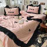 Flytonn-1Pc Korean Style Princess Black Bow Ruffles Summer Quilt Soft Skin-friendly Washed Seersucker Blanket Bedspread 150X200/200X230