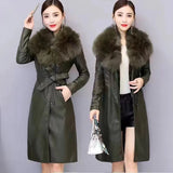 Flytonn-PU Leather Fur Collar Winter Coat Women Solid Adjustable Waist Mid-Length Slim Jacket 2023 New Fashion Lady Casual Warm Outwear