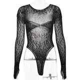 Sibybo Sexy Hollow Out Hot Drilling High Elastic Long Sleeve Bodysuit Basics Solid Color Close Fitting Tops Summer Women Clothes