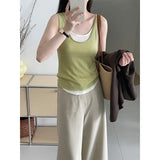 FLYTONN-Korean Style Design Fake Two Piece Color Blocked Loose U-neck Knitted Camisole Tank Sleeveless Top for Women