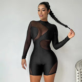 Flytonn Sheer Mesh Patchwork Playsuits Women 2024 Autumn Winter Fashion Rompers Long Sleeve Round Neck Slim Tight Jumpsuit Shorts