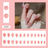 Flytonn- 24pcs/box Press On False Nails Flower Pearl Nail Art Wearable Point Drill Fake Nails Short Ballet Tips With Wearing Tools