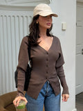 Flytonn-Christmas Thanksgiving Gift New Year's Eve Casual Outfits Fashion Woman Solid Color V Neck Slim Fit Cardigan Elegant Full Sleeve Single Breasted Sweater 2024 Lady New Fall Commuter Wear