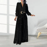 Flytonn-Fall Outfits Women Outwear Streetwear -Lady Prom Jumpsuit Shiny Sequin Wide Leg Long Sleeve Women Elegant Jumpsuit Deep Crotch Party Elegant Evening Jumpsuit Culottes