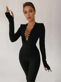 Flytonn Shoulder Pads Long Sleeve Jumpsuit Women Summer Cross Bandage Sexy Jumpsuits Femme Black V-Neck Bodycon Overalls