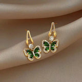 Flytonn-925 Silver Needle Vintage Green Crystal Butterfly Drop Earrings for Women Jewelry 2024 Trending Luxury Zircon Women's Earrings