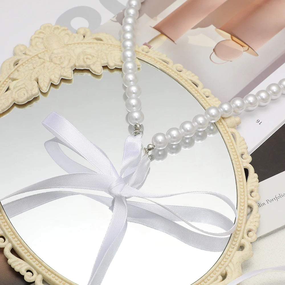 Flytonn Flytonn Accessories Fashion Imitation pearl  Beaded Clavicle Chain Long Ribbon Bow-knot Choker Short Neck jewelry