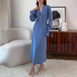 Flytonn-Women's Elegant Flared Sleeve Dress, Button Decoration, Ruffle, V-Neck, High Waist, Slim, A-line, Female Trendy Dresses