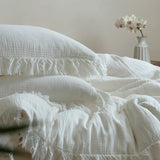 Flytonn-Plain Colour Washed Cotton Tassel Ruffles Bedding Set Soft Wrinkled Yarn Natural Health Cotton Duvet Cover Bed Sheet Pillowcases