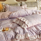 Cifeeo-Purple Vintage Digital Printing Double Layer Lace Ruffles Bedding Set 100S Egyptian Cotton Duvet Cover Set Bed Sheet Pillowcases