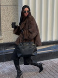 Flytonn-Christmas Thanksgiving Gift New Year's Eve Casual Outfits Retro Brown Luxurious Fluffy Warm Woman Faux Fur Jacket Fashion Solid Color Full Sleeves Loose Coat New Winter High Street Wear