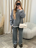 Flytonn Casual Knitwear 2 Piece-Set Straight Legg Trousers Ladies Contrast Sweater Long Sleeve Pullover Outfits Women's Pants Sets