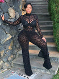 Flytonn Fashion Gauze Jumpsuits Sexy Leopard Print See Through Rompers Casual Basic Long Sleeves Wide Leg Pants Hot Girl Clothing