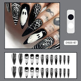 Flytonn-Halloween Nails 24Pcs Halloween Press on Nail Ghost Water Drop False Nail Threaded Personalized Ghost Face Fake Nails For Women and Girl