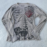 Flytonn-00s Vintage Long Sleeve T-shirt Gothic Skeleton Print Loose Fit Top Graphics Harajuku Cyber Grunge Y2K Pullovers Tees Streetwear