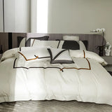FLYTONN-Chic Design Coffee Embroidery Simplicity Duvet Cover Set 1000TC Egyptian Cotton Premium White Bedding set Bed Sheet Pillowcases