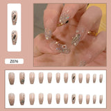 Flytonn- 24pcs Nude Nail Tips Women Wearable Fake Press on Nails With Diamond Short Round Full Cover Artificial Nails With Wearing Tools
