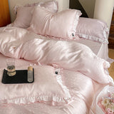 Cifeeo-Pink Natural Lyocell Fibre Soft Silky Princess Bedding Set Jacquard Ruffles Duvet Cover Set Bed Sheet Or Fitted Sheet Pillowcase