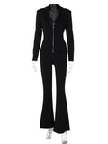 Flytonn Black Slim 2 Piece-Set Straight Legg Female Zipper V-Neck Coat And High Waist Patchwork Skinny Clothes Women's Outfits New