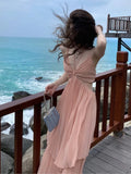 Flytonn-back to school fit nyc outfit Summer New Fashion Women Sexy Pleated  Boho Long Dress Vacation Beach Strap A line Ladies Robe 2025 Sundress