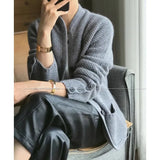 Flytonn-Autumn Winter New Thickened 100% Cashmere Wool Cardigan Women Stand Neck Sweater Sweater Loose Knit Base Wool Sweater Jacket