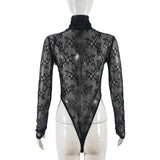 Flytonn Denim Patchwork Lace Bodysuits Women Fashion Turtleneck Long Sleeve See Through Bodycon Tops Sexy Hottie Party Clothes