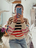 Flytonn-Christmas Thanksgiving Gift New Year's Eve Casual Outfits Female Versatile O Neck Colorful Stripes Knitted Sweater Fashion Full Sleeve Loose Pullover Lady Autumn Winter New Streetwear