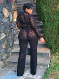 Flytonn Fashion Gauze Jumpsuits Sexy Leopard Print See Through Rompers Casual Basic Long Sleeves Wide Leg Pants Hot Girl Clothing