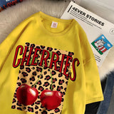 Flytonn-Cherries Cotton T Shirts Women Cherry Leopard Prints Oversized T-Shirts Casual O-Neck Short Sleeve Tops Summer Woman Clothes