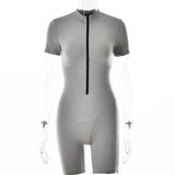 Sibybo Women Jumpsuit Rompers Autumn Tight Short Sleeve Zipper Bodycon Playsuit Street Sexy Femme Black Sport Fitness Playsuit