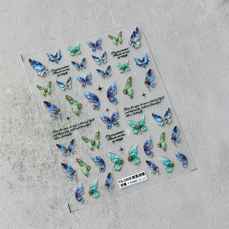 Flytonn  Engraved Nail Sticker Green Blue Butterfly Design Self-Adhesive Nail Transfer Sliders Wraps Manicures Foils Z0670