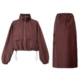 Flytonn-Fall Outfits Women Outwear Streetwear -Women Y2k Crop Jacket Drawstring Cargo Midi Skirt Two-piece Outdoor Sports Set Burgundy Green Black