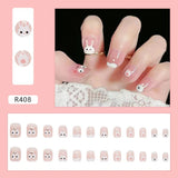 Flytonn- 24pcs/box Press On False Nails Cute Bunny Nail Art Wearable Fake Nails Short Square Nails With Wearing Tools As Gift