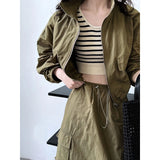 Flytonn-Fall Outfits Women Outwear Streetwear -Women Y2k Crop Jacket Drawstring Cargo Midi Skirt Two-piece Outdoor Sports Set Burgundy Green Black