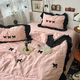 Flytonn-1Pc Korean Style Princess Black Bow Ruffles Summer Quilt Soft Skin-friendly Washed Seersucker Blanket Bedspread 150X200/200X230