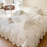 Cifeeo-Rose Flowers Embroidery Ruffle Lace Bedding Set for Girls, Washed Cotton Duvet Cover, Skin Friendly, Bed Sheet, Pillowcases