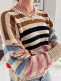 Flytonn-Christmas Thanksgiving Gift New Year's Eve Casual Outfits Female Versatile O Neck Colorful Stripes Knitted Sweater Fashion Full Sleeve Loose Pullover Lady Autumn Winter New Streetwear