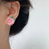 Flytonn-Korean New Pink Sweet Flower Stud Earring for Women Rose White Flowers Pearl Exquisite Zircon Earrings Girls Party Jewelry