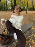 Flytonn-Christmas Thanksgiving Gift New Year's Eve Casual Outfits Women Sexy Solid One Neck Ribbed Sweater Fashion Off Shoulder Long Sleeve Knitted Pullover 2024 Autumn Lady Chic Street Knitwear