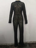 Flytonn Fashion Gauze Jumpsuits Sexy Leopard Print See Through Rompers Casual Basic Long Sleeves Wide Leg Pants Hot Girl Clothing