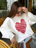 Flytonn-Christmas Thanksgiving Gift New Year's Eve Casual Outfits Simple Heart Printed Chic Round Neck Woman Knitted Sweater Versatile Full Sleeve Casual Pullover 2024 New Lady Commuter Wear