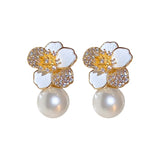 Flytonn-Korean New Fashion Jewelry White Enamel Camellia Zircon Pearl Earrings For girl Elegant Women's Daily Work Accessories