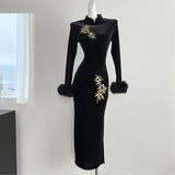 Flytonn-Autumn Winter Bodycon Velvet Dress Chinese Style Long Sleeve Stand Collar Embroidery High Split Party Dresses Female Vestidos