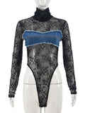 Flytonn Denim Patchwork Lace Bodysuits Women Fashion Turtleneck Long Sleeve See Through Bodycon Tops Sexy Hottie Party Clothes