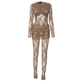 Flytonn Sexy Lace See Through Splice Jumpsuit Set Basics Solid Color Skinny Mini Skirt 2 Pices Set Summer Spicy Girl Set