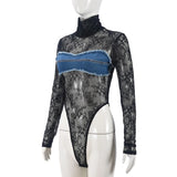 Flytonn Denim Patchwork Lace Bodysuits Women Fashion Turtleneck Long Sleeve See Through Bodycon Tops Sexy Hottie Party Clothes