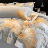 Flytonn-100% Cotton Thickened Brushed Bedding Set Luxury Gold Ginkgo Leaf Embroidery Duvet Coves Flat/Fitted Bed Sheet Pillowcases 4Pcs