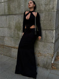 Flytonn Black Hollow Out Sexy Long Dress Female Patchwork Autumn 2024 Long Sleeve Sexy Streetwear Skinny Women Party Dress Gown