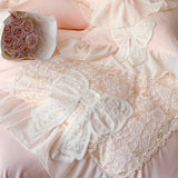 Cifeeo-French Romantic Lace Patchwork Ruffles With Bow Decoration Bedding Set Soft Cozy Pink Girls Duvet Cover Set Bed Sheet Pillowcase